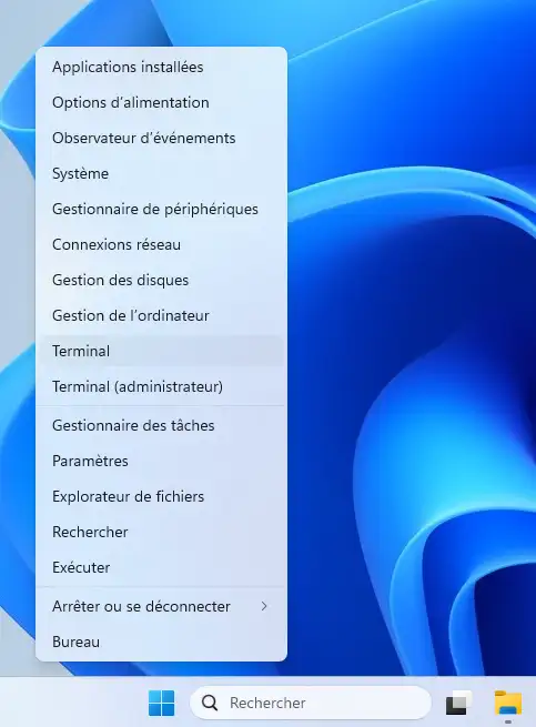 Menu permettant d'accéder au Terminal sur Windows 11