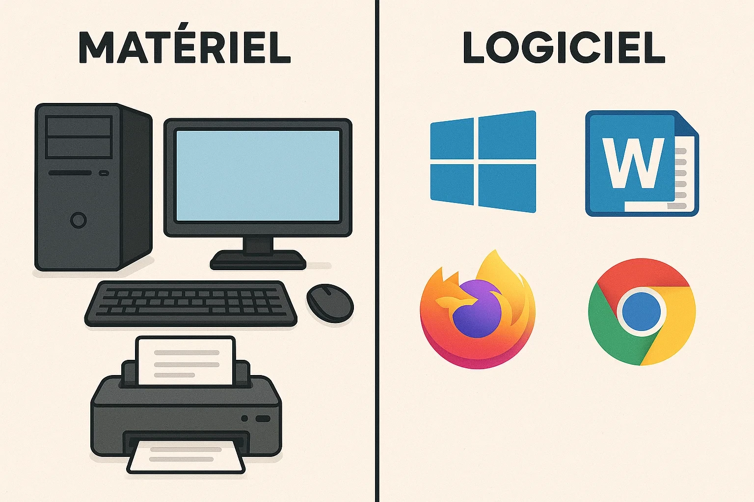 Illustration des composants matériels (unité centrale, écran, clavier, souris) et logiciels (windows, word, firefox, chrome)
