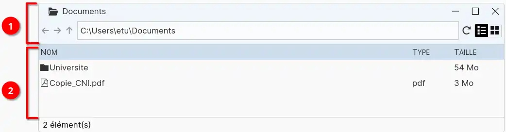 Les différentes section de l'explorateur de fichiers